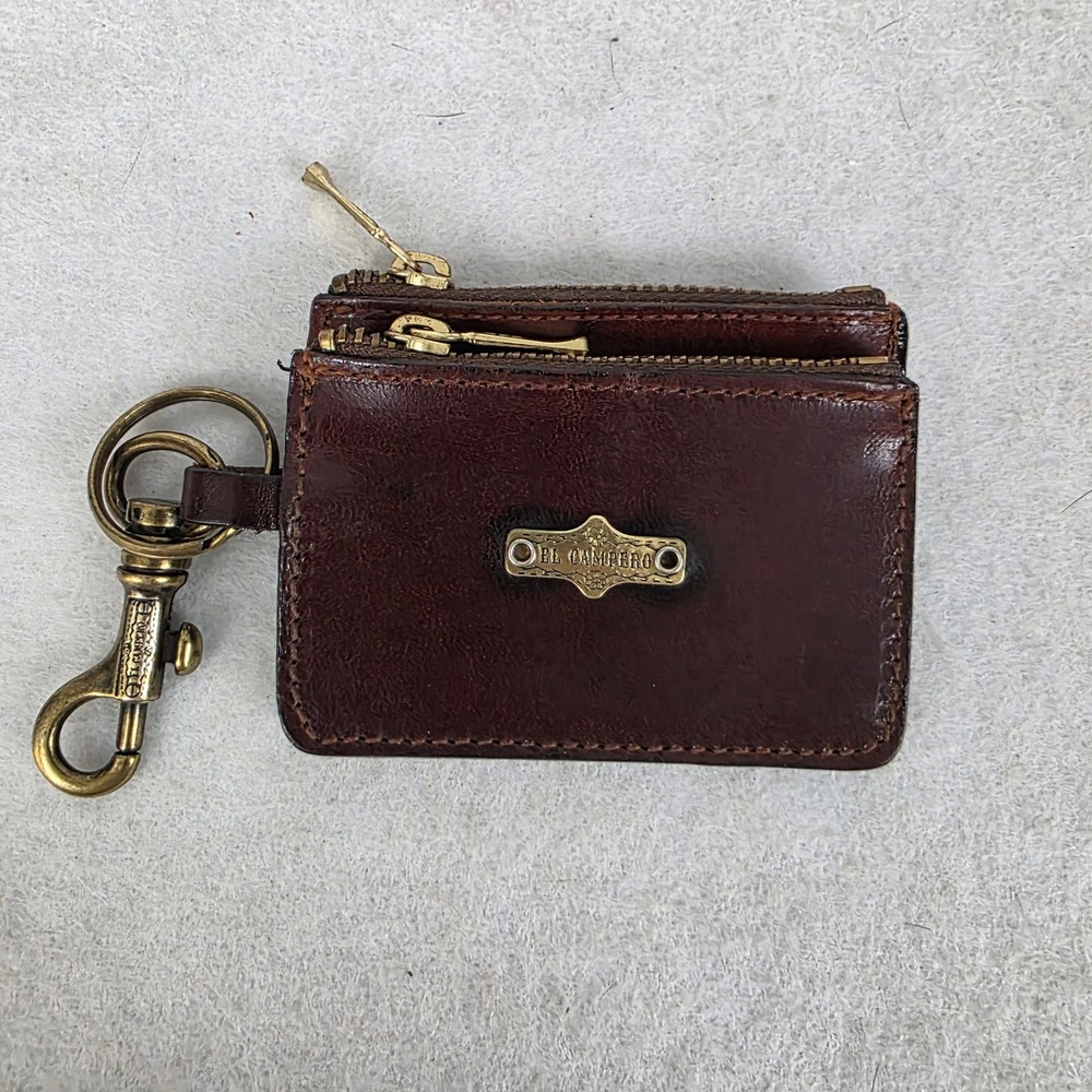 El Campero Brown Leather Double Pouch Keychain Coin Purse Brass Italy